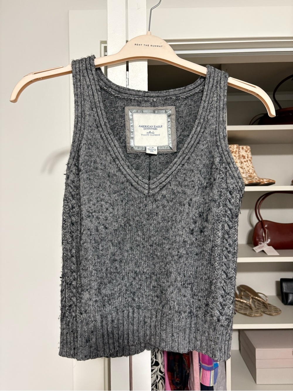 American Eagle Outfitters Vintage Gray Cable-Knit V-Neck Sweater Tank